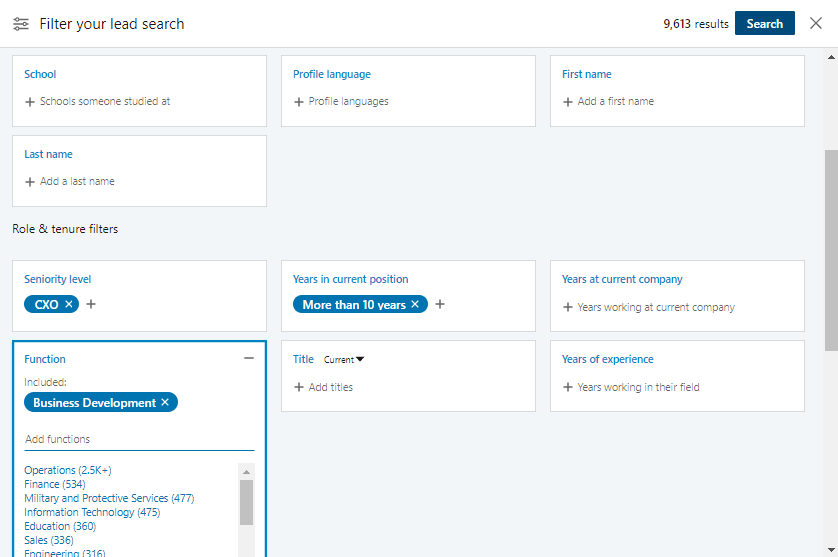 LinkedIn Sales Navigator screenshot, showing how you can filter for individuals by position and many other categories.