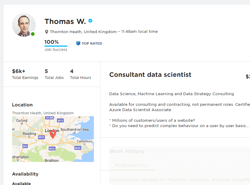 My Upwork profile. You can put a freelance data scientist hourly rate on your Upwork profile.